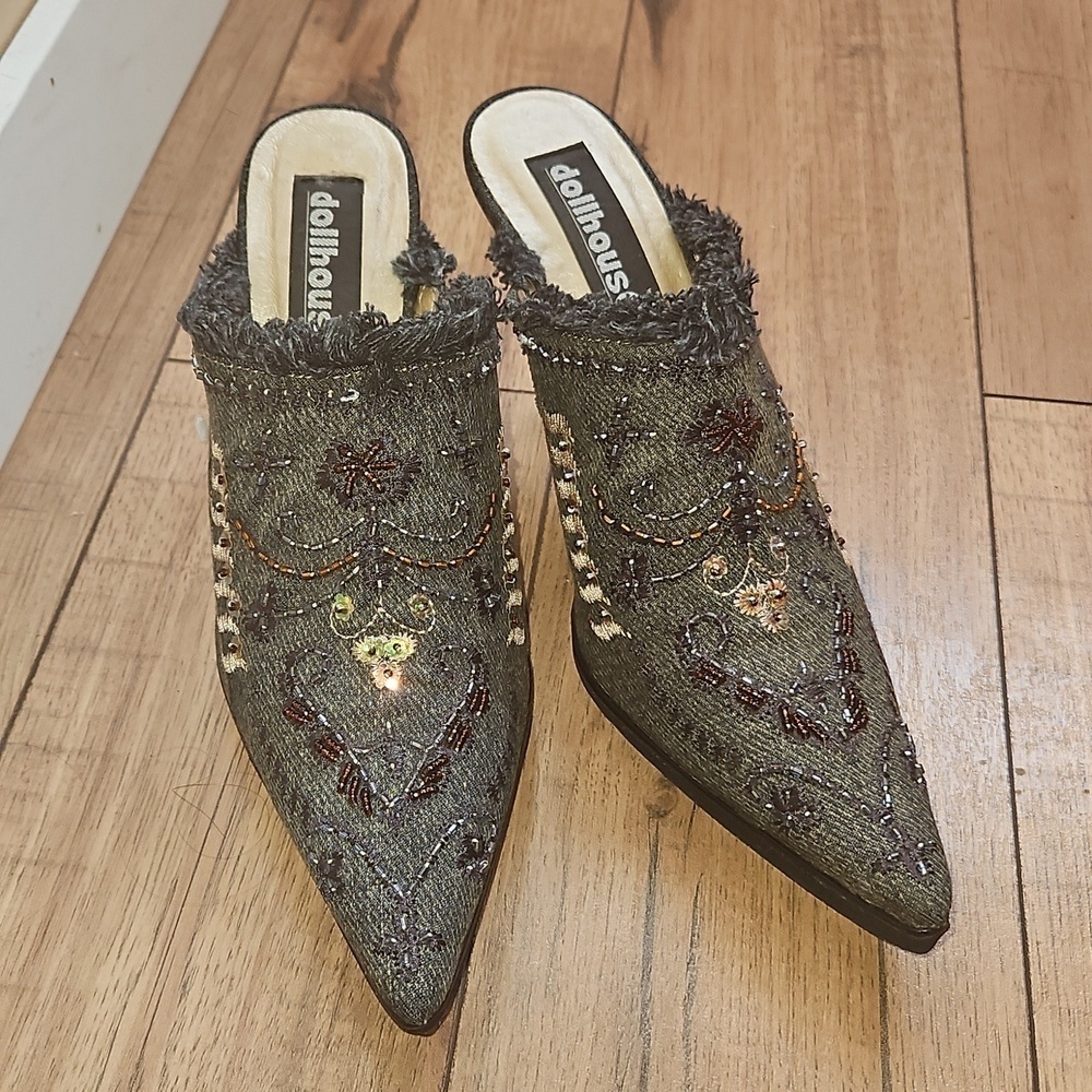Dollhouse Fergie Denim Beaded 4.25" Heel Mules Size 7